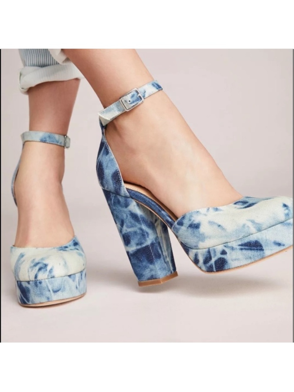 Bill Blass Blue Ellie Bleached Denim Tie-Dye Platform Ankle-Strap Heels